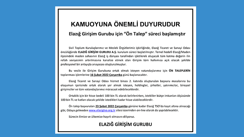 Maden Sahası Ön Talep Toplanma İşlemleri Yarın Başlıyor