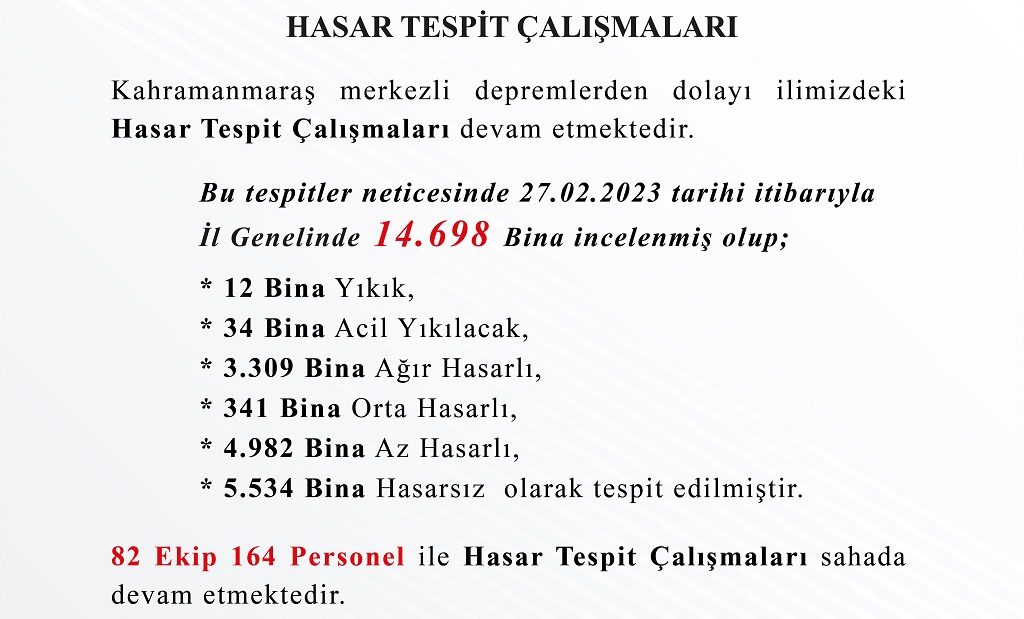 VALİLİKTEN HASAR TESPİT DURUMUNA AİT AÇIKLAMA