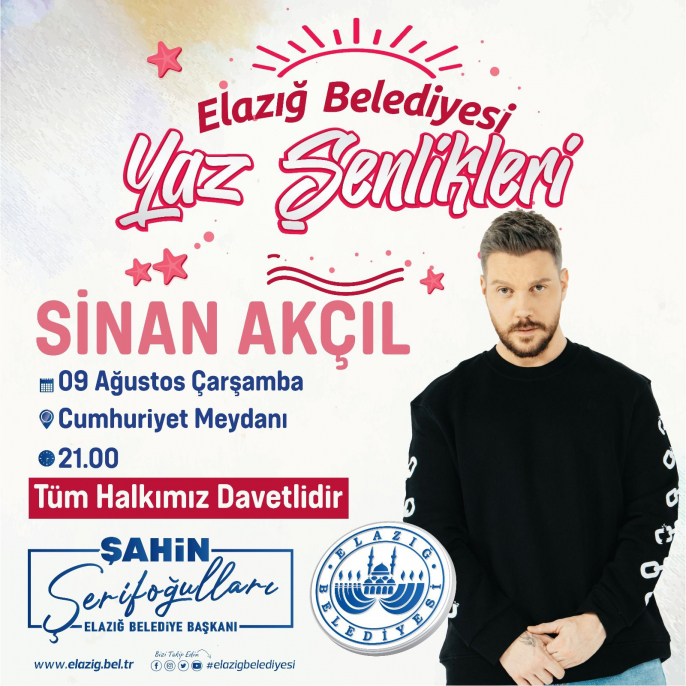 Sinan Akçıl, Elazığ Belediyesi Yaz Şenlikleri’nde Elazığlılarla Buluşacak