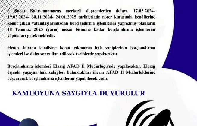 AFAD uyardı: Borçlandırma işlemleri için son gün 18 Temmuz.