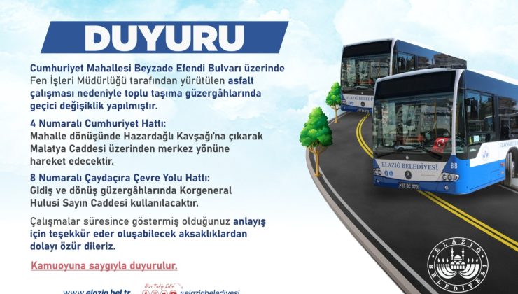 Cumhuriyet Mahallesi Beyzade Efendi Bulvarı’nda toplu taşıma güzergahlarında geçici bir değişiklik
